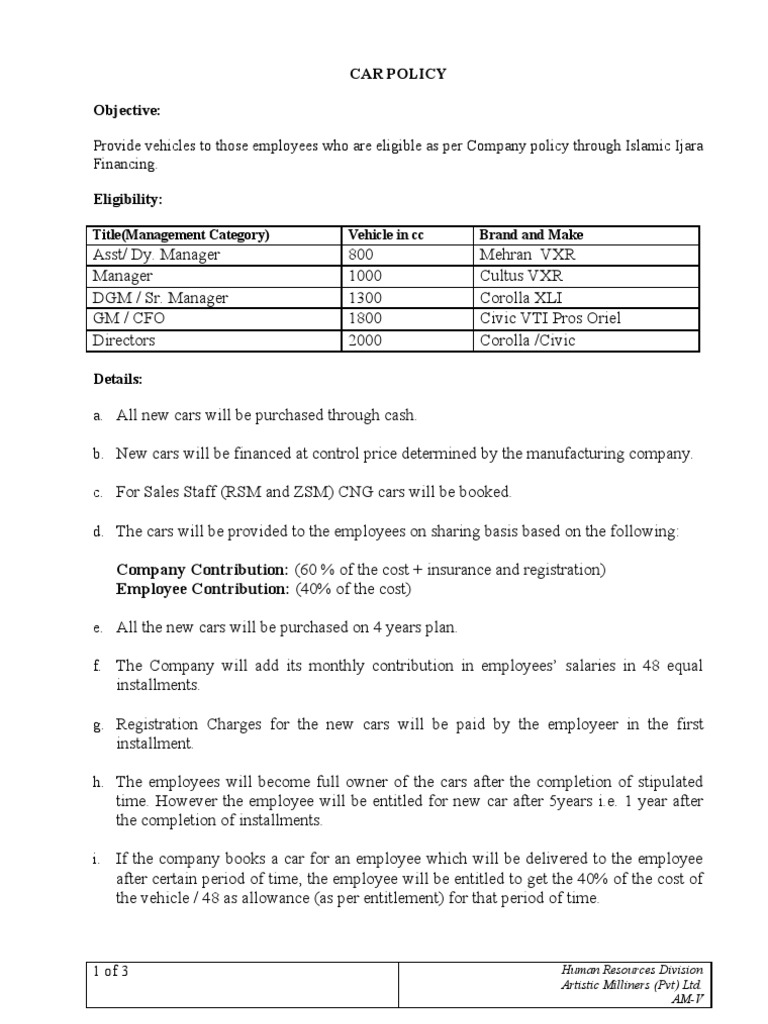 Car Policy | Download Free PDF | Human Resources | Employment