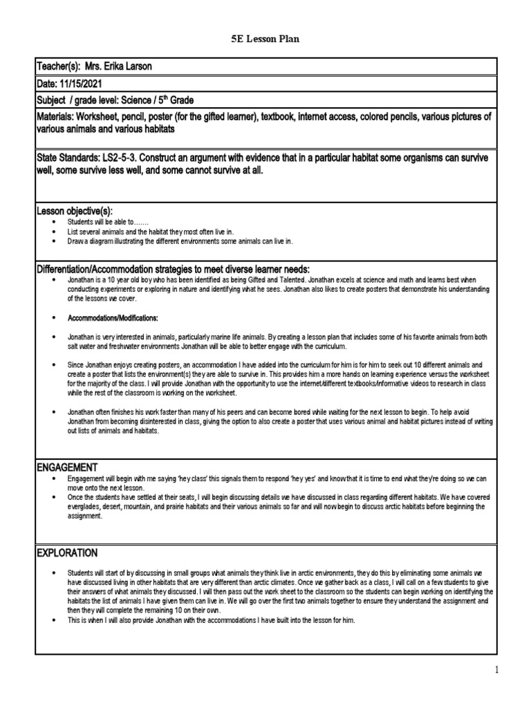 5th Grade Science Habitat Lesson Plan | PDF | Lesson Plan | Natural ...