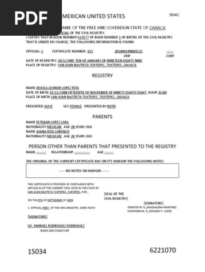Birth Certificate English Translation (Oaxaca)