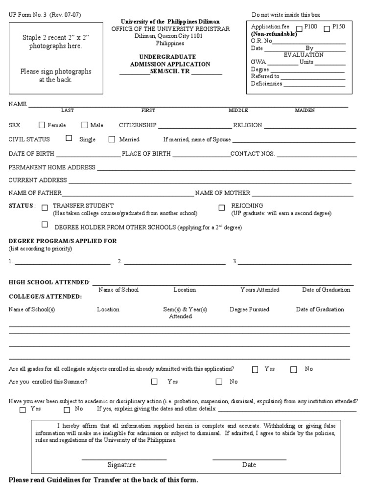 UP Diliman Transfer Application Form | PDF