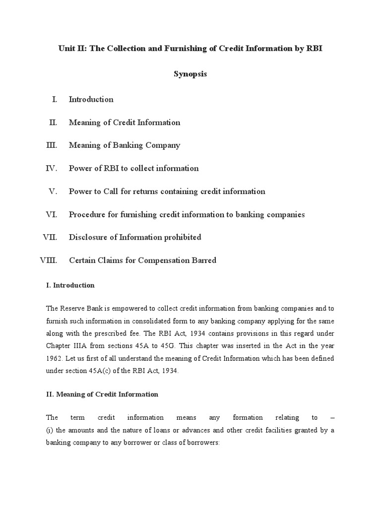 Collection and Furnishing of Credit Information PDF Reserve Bank Of