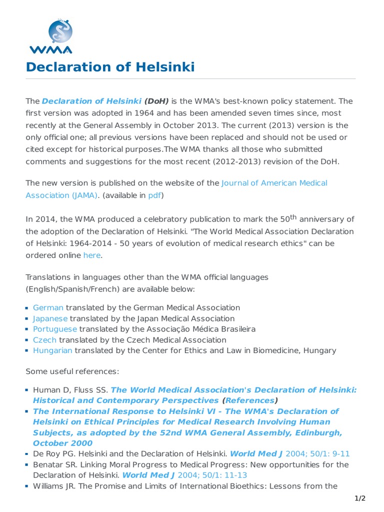 Declaration of helsinki doh is the wma s best known policy statement