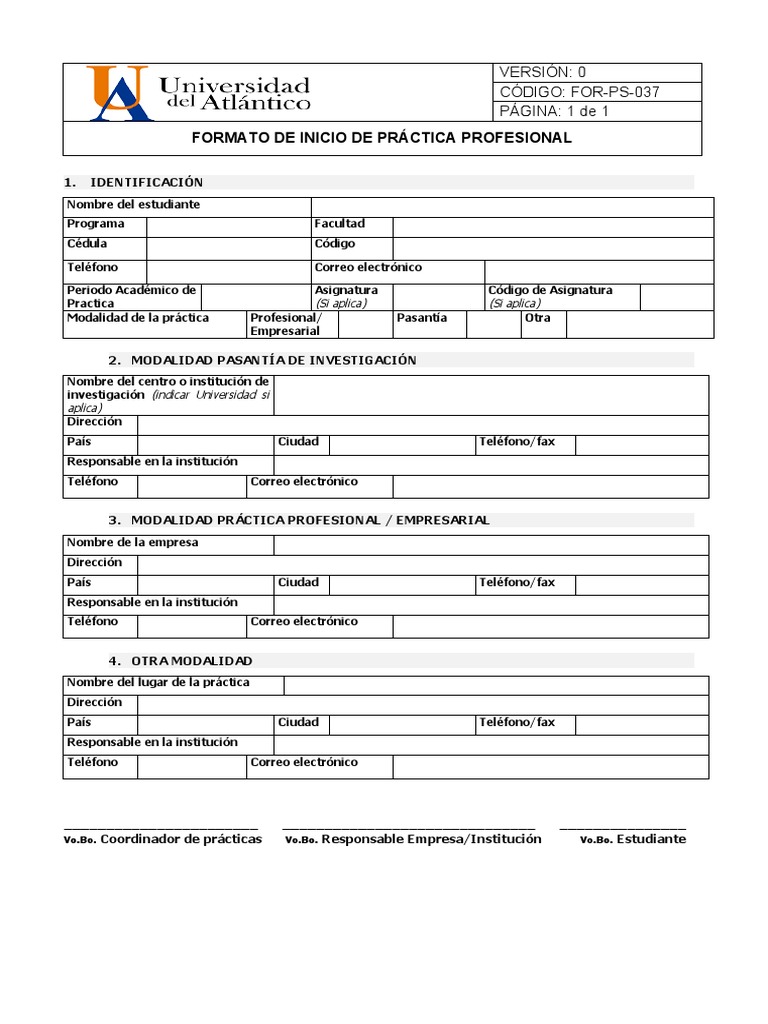 For-Ps-037-Formato de Inicio de Practica Profesional | PDF