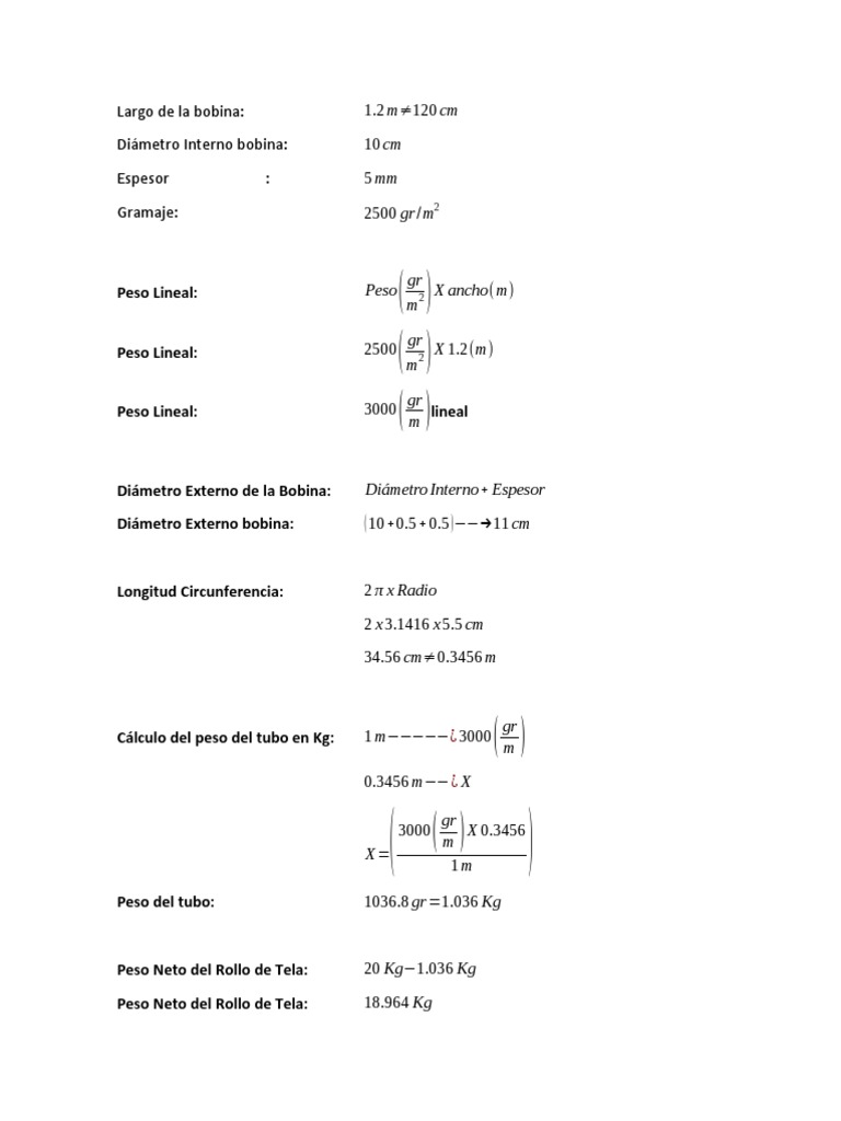 Cálculos para el embalaje y almacenamiento de rollos de tela | PDF ...