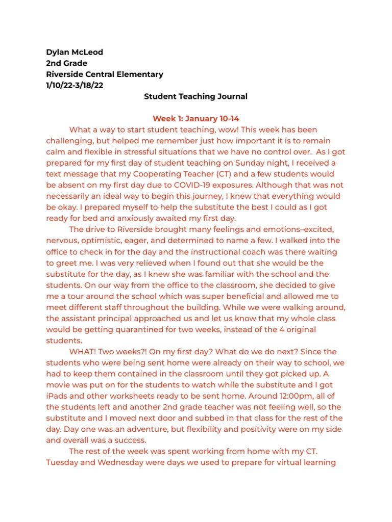 Dylans Weekly Student Teaching Journal PDF Classroom Teachers