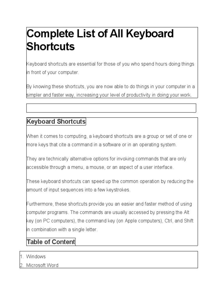 Complete List of All Keyboard Shortcuts | PDF | Computer Keyboard ...