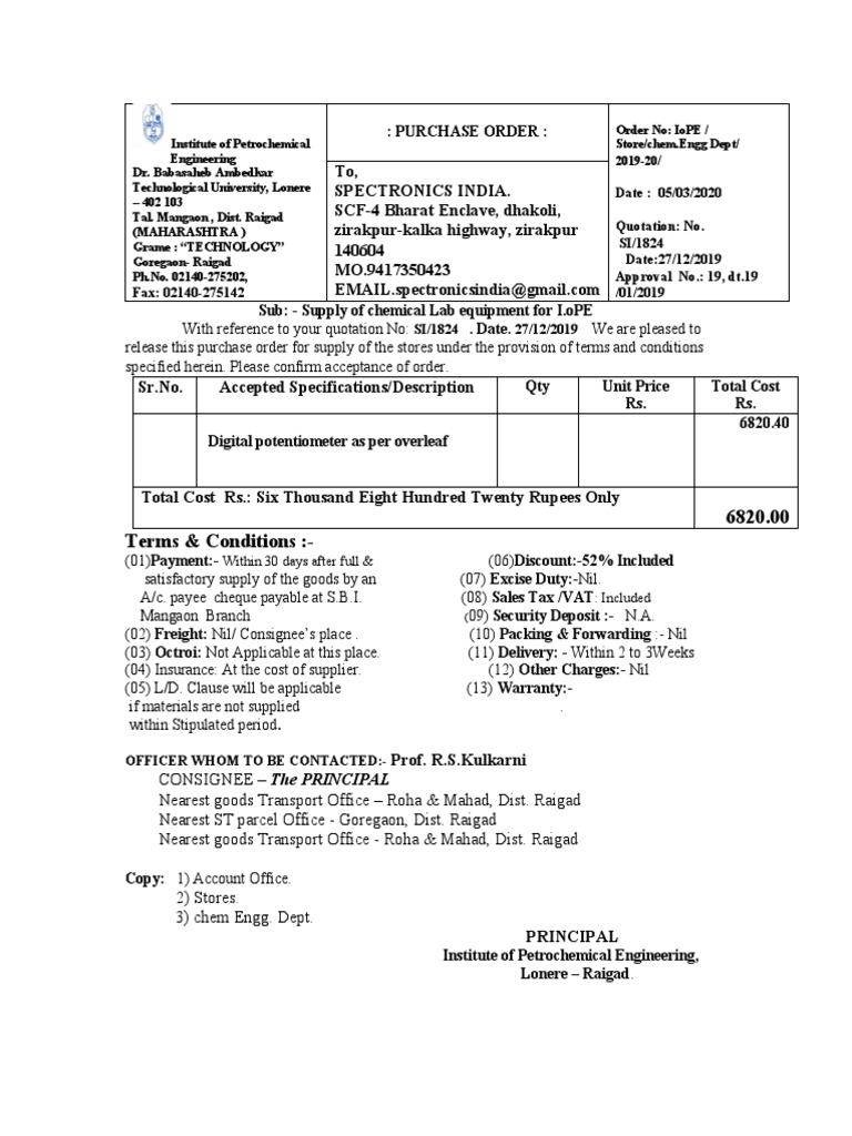 Purchase Order for Digital Potentiometer for Chemical Lab Equipment