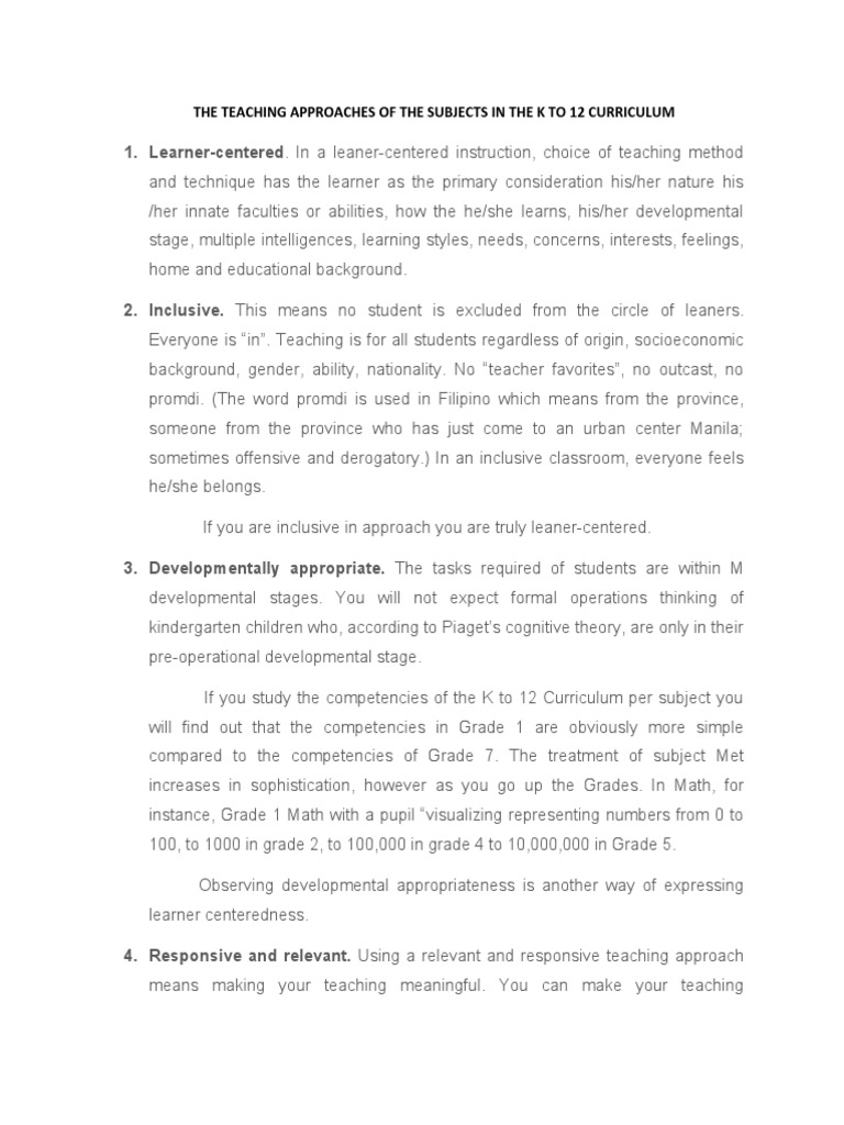 The Teaching Approaches of The Subjects in The K To 12 Curriculum PDF