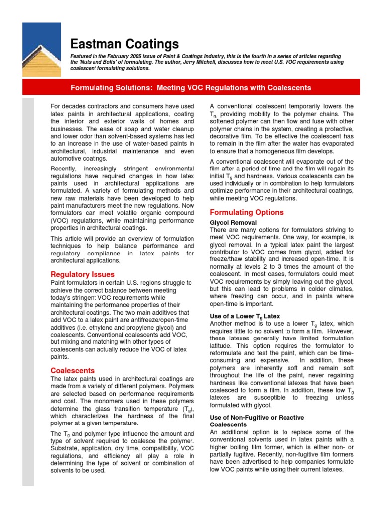 Eastman Coatings Formulating Solutions Meeting VOC Regulations With Coalescents PDF Paint