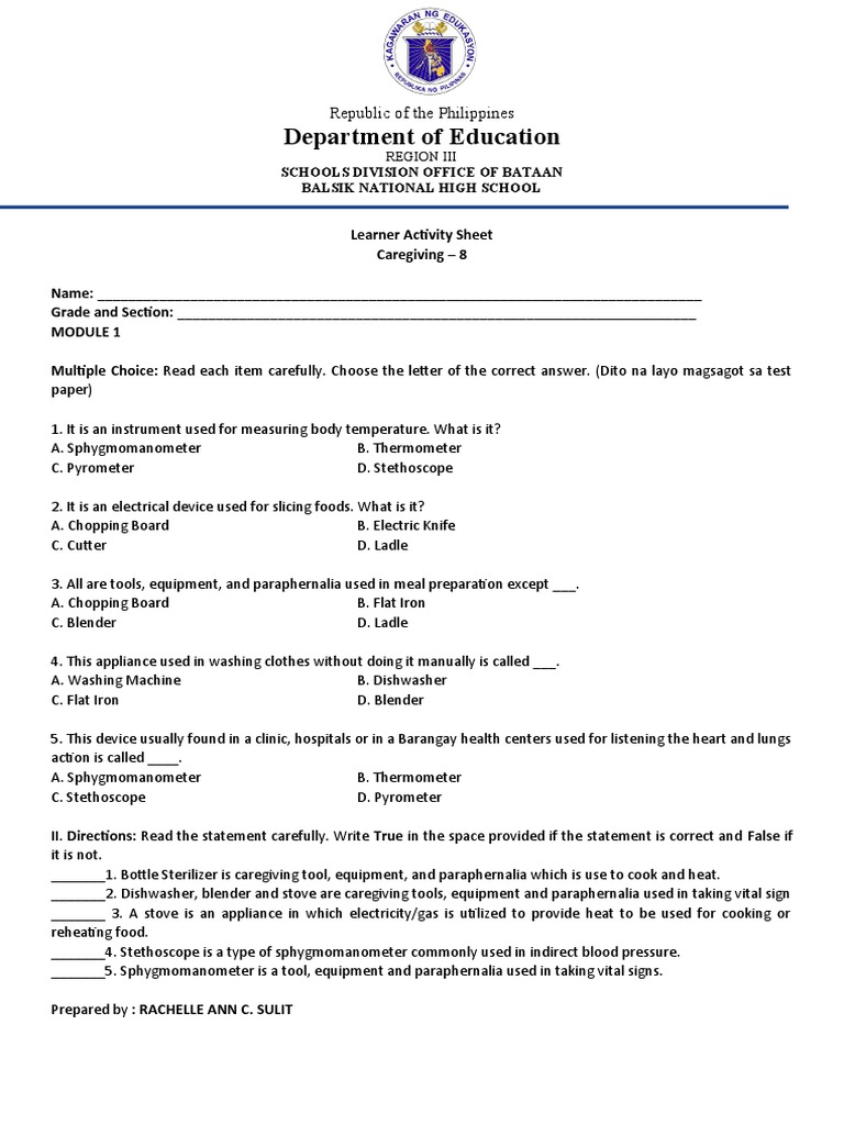 Learner Activity Sheet on Caregiving Tools, Equipment, Procedures and