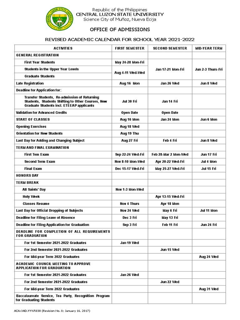 CLSU Academic Calendar SY 2021 2022 PDF Academic Term Educational