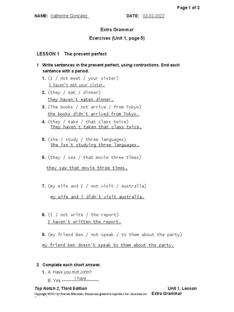Extra Grammar Exercises (Unit 1, Page 5) LESSON 1 The Present Perfect | PDF