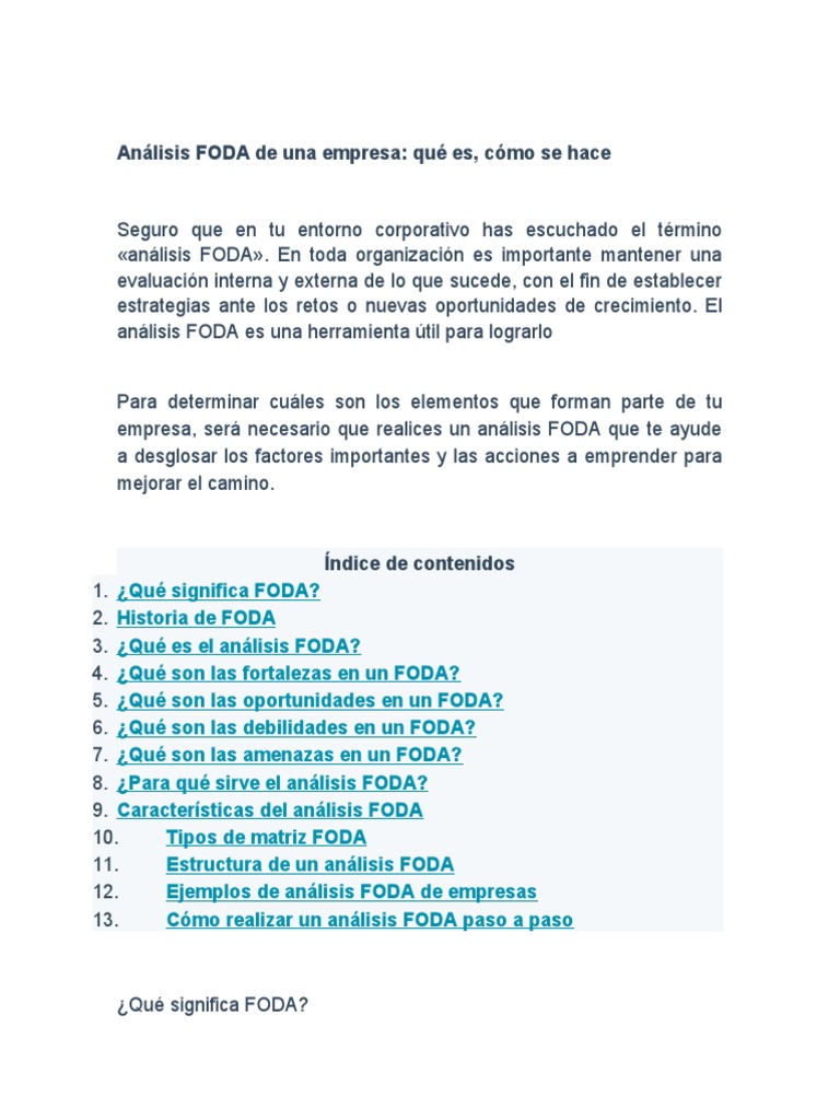 Ejemplo de Análisis FODA Empresarial | PDF | Análisis FODA | Economias