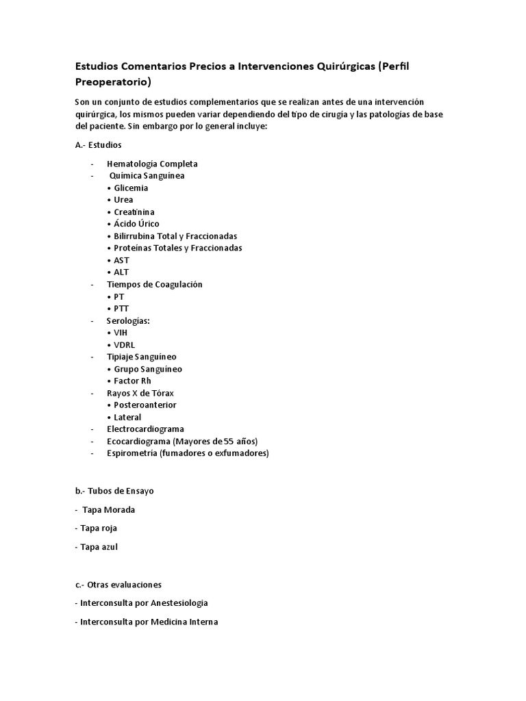 Perfil Preoperatorio: Estudios y Evaluaciones | PDF | Ciencia y matemáticas