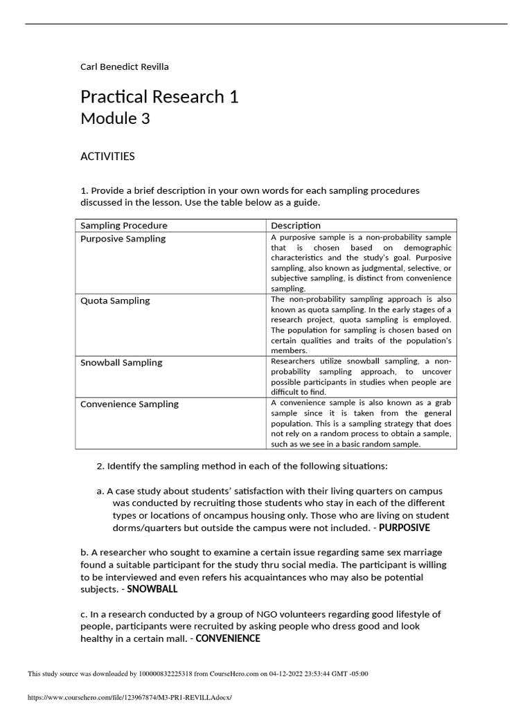 Practical Research 1: Activities | PDF | Sampling (Statistics ...