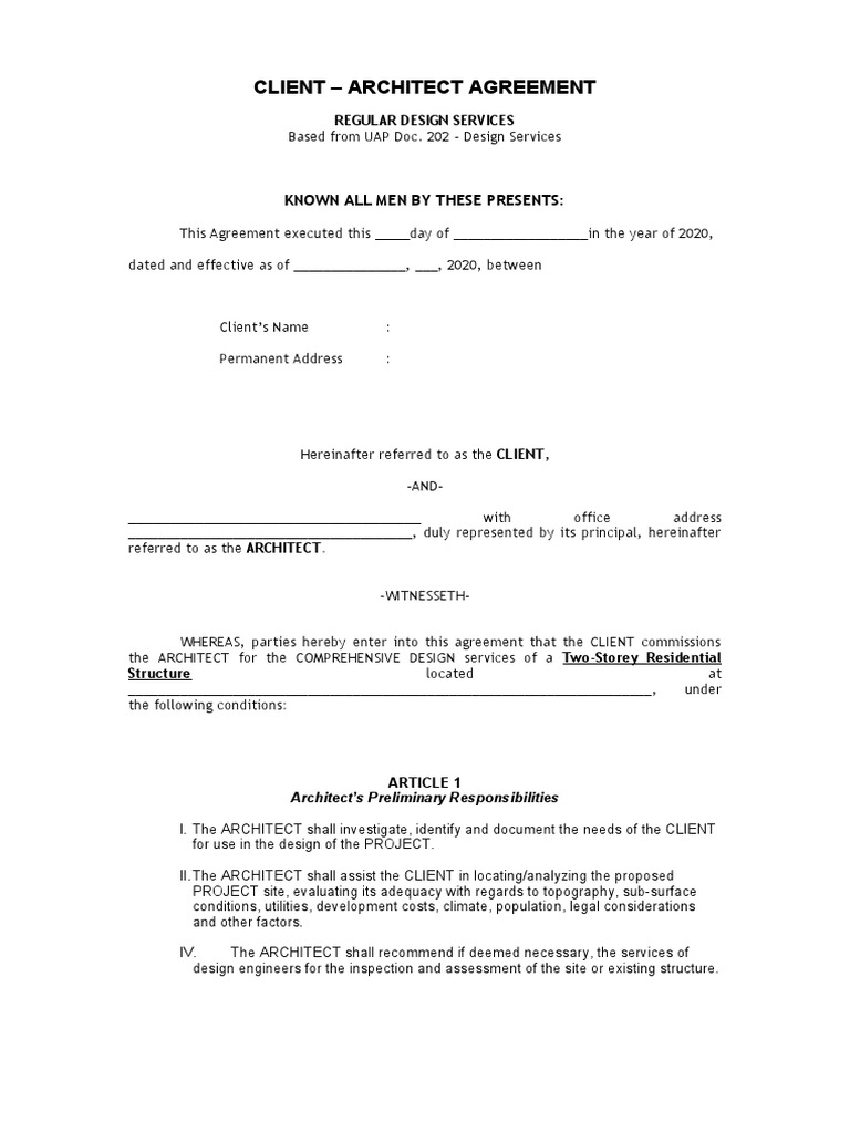 Architect Fee Agreement for Residential Design | PDF | Architect ...