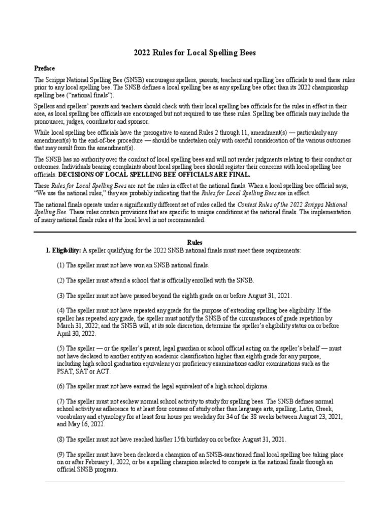 2022 Rules For Local Spelling Bees PDF Spelling Cognition