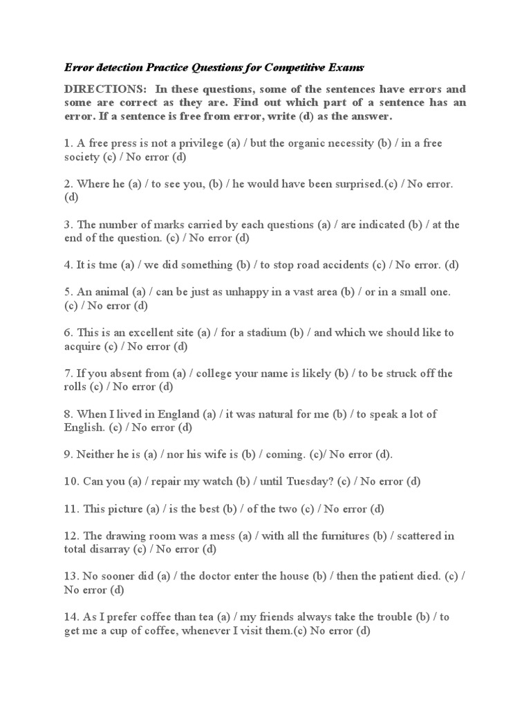 Error Detection Practice Questions For Competitive Exams PDF Patient