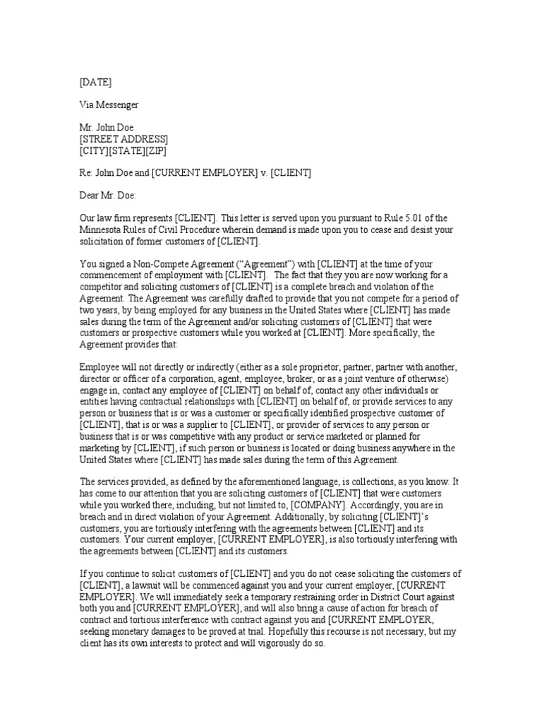 Cease and Desist Letter Demanding Compliance with Agreement