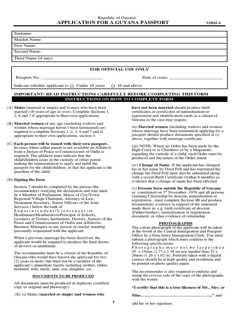 Application For A Guyana Passport: For Official Use Only | PDF | Birth ...