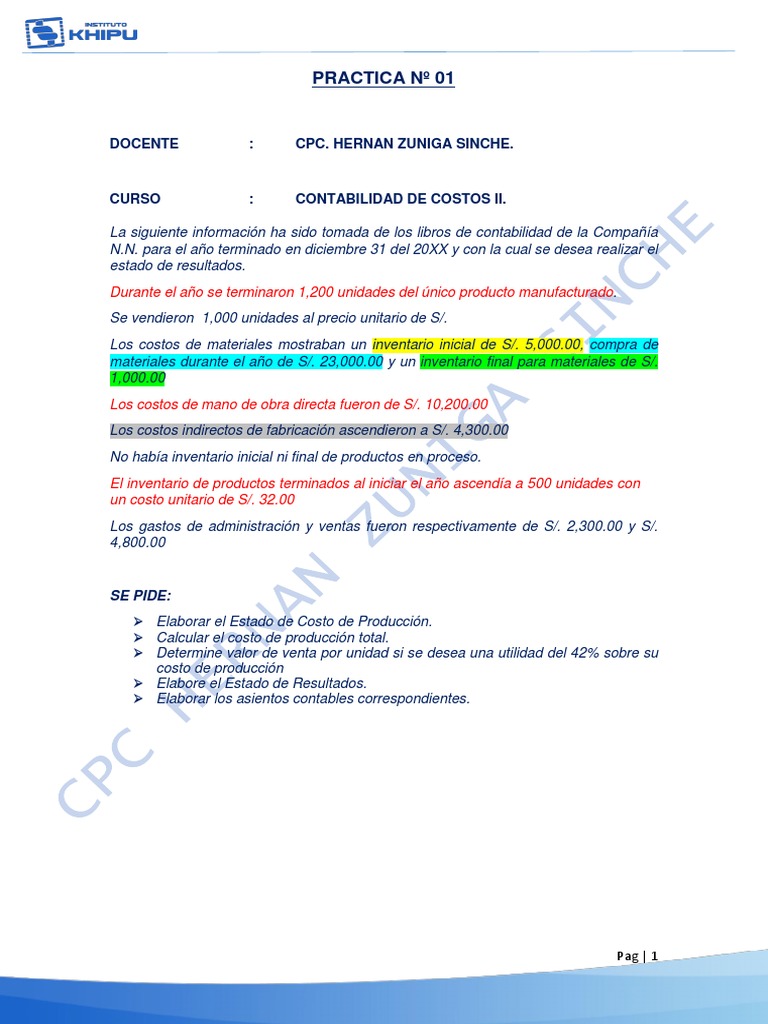 Contabilidad de Costos: Ejercicios Prácticos | PDF | Costo | Inventario