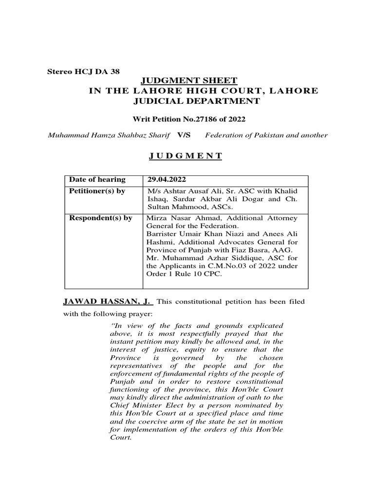 Judgment Sheet in The Lahore High Court, Lahore Judicial Department ...