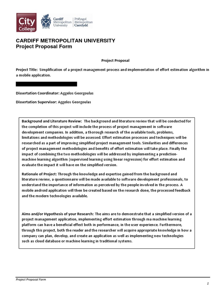 Cardiff Metropolitan University Project Proposal Form | PDF | Project ...