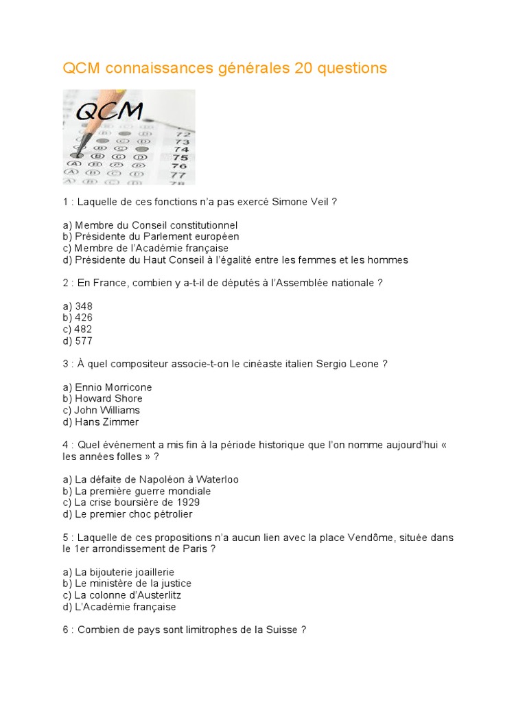 QCM de culture générale : 20 questions | PDF | Histoire | Jeunes adultes