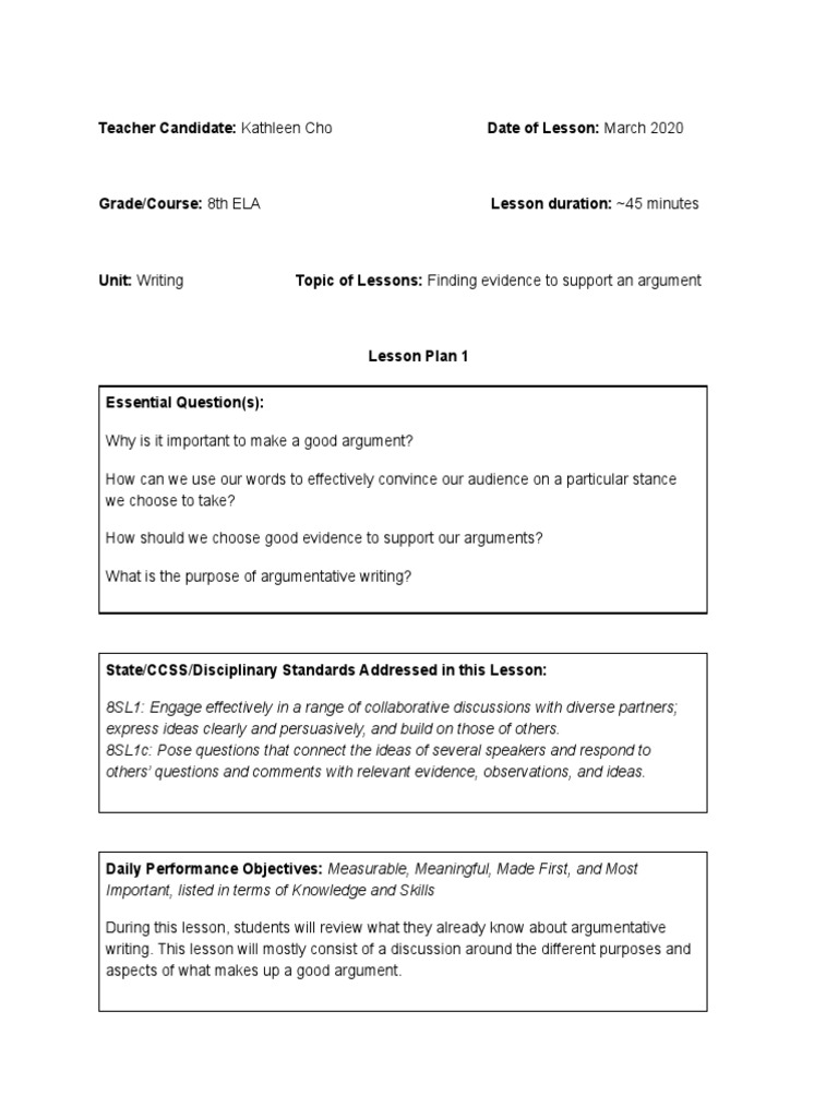 argumentative essay lesson plan 8th grade