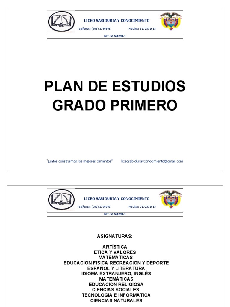 Plan de estudios del grado primero del Liceo Sabiduría y Conocimiento ...
