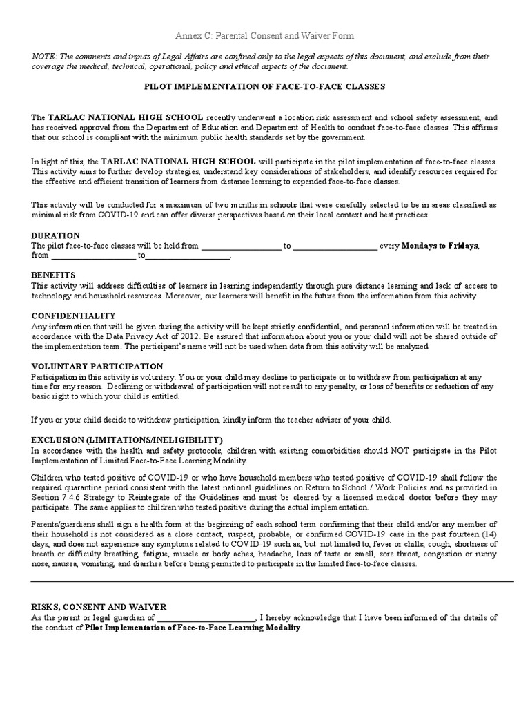 Annex C Parental Consent and Waiver Form | PDF | Medicine | Clinical ...