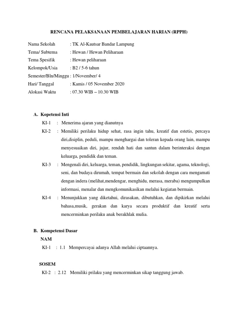 RPPH TK Al-Kautsar: Hewan Peliharaan | PDF | Seni & Disiplin Bahasa