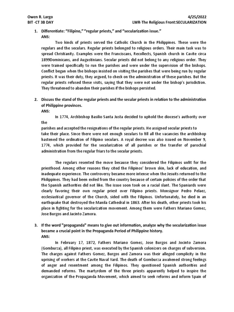 Lwr The Religious Front Secularization Pdf Philippines Catholic