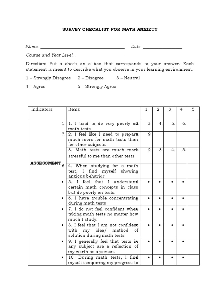 Math Anxiety Survey Checklist | PDF | Anxiety | Mathematics