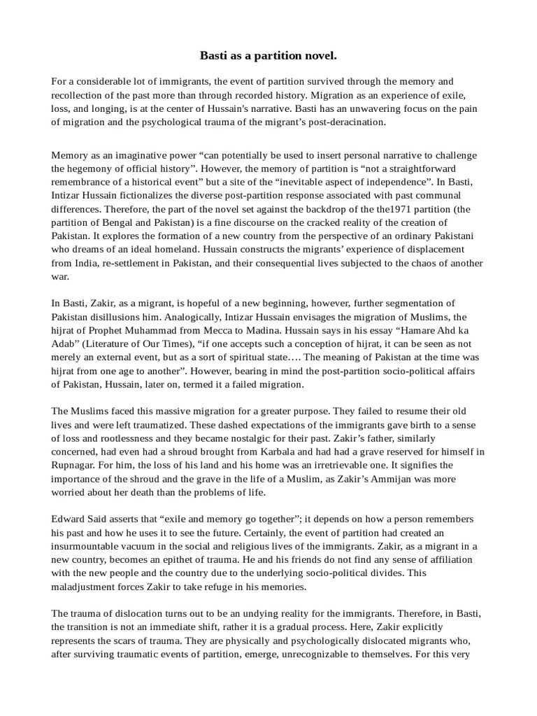 Basti As A Partition Novel. PDF Partition Of India Psychological