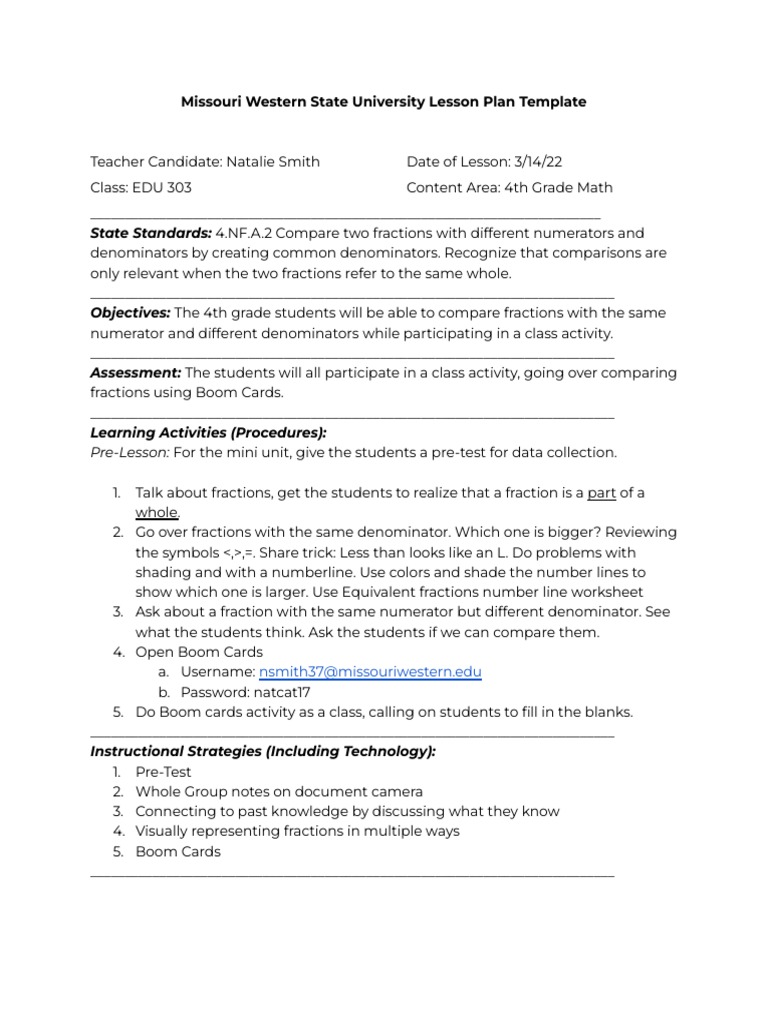 EDU 303 Fractions Unit Lesson 1 | PDF | Lesson Plan | Pedagogy