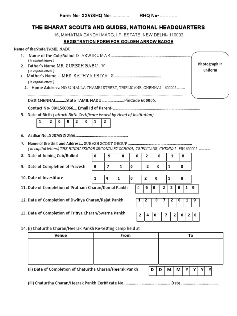 Registration Form for the Golden Arrow Badge Award Documenting a Scout ...