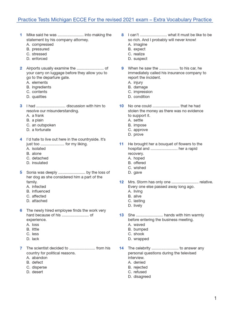 Michigan ECCE 2021 Vocabulary Practice | PDF