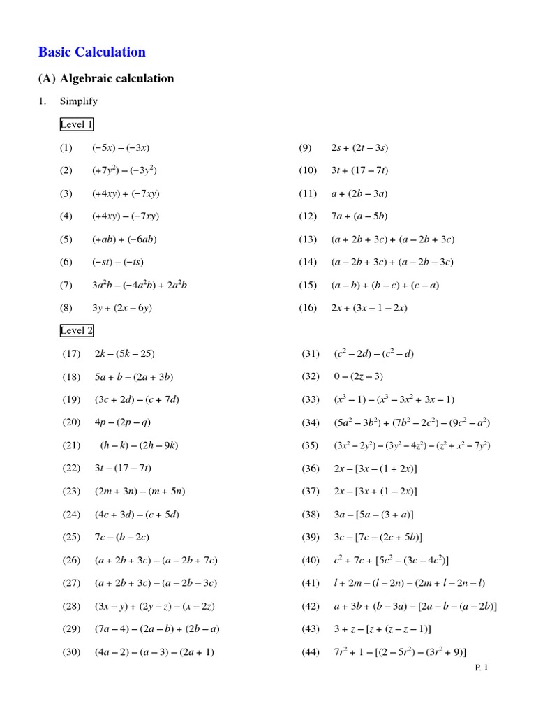 Junior Revision Basic Calculation Questions PDF