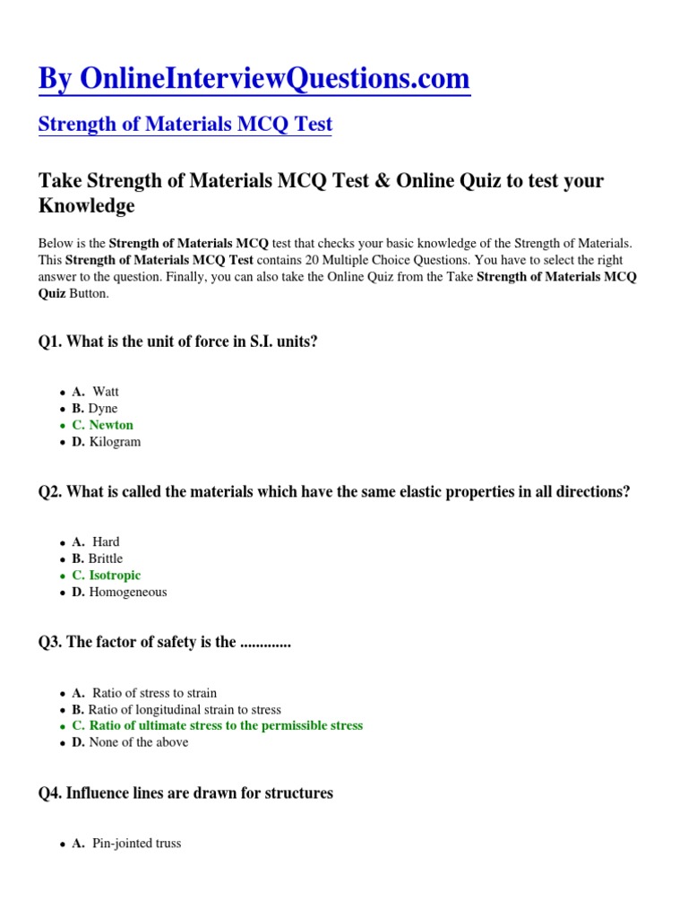 Strength of Materials MCQ DPF PDF Strength Of Materials Bending
