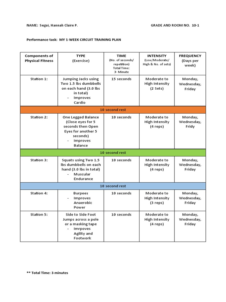 Circuit Training Plan - Performance Task | PDF | Aerobic Exercise ...