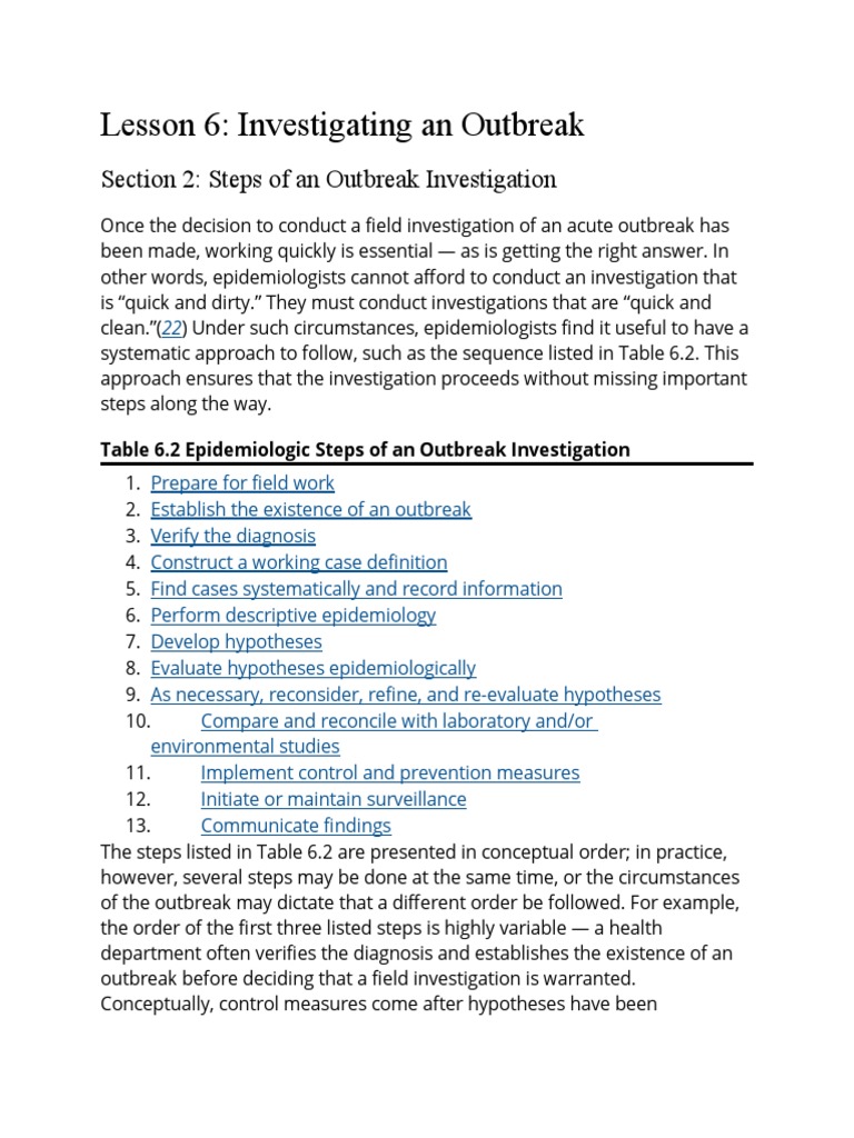 Steps in Outbreak Investigation | PDF | Epidemiology | Epidemics