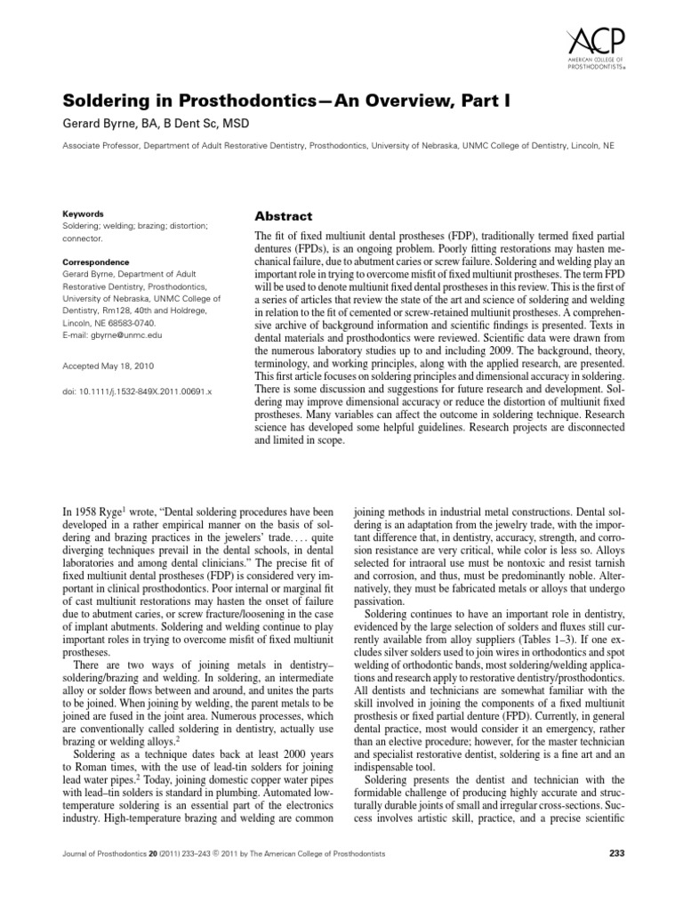 Soldering in Prosthodontics—An Overview, Part I Understanding the Role of Soldering in