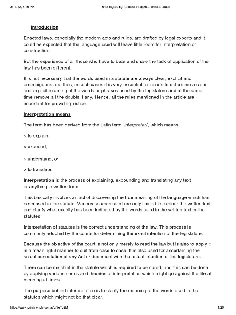 Meaning and Purpose of Interpretation of Statues PDF Statutory