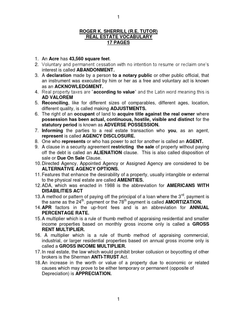 Real Estate Exam Prep RE Vocabulary | PDF | Mortgage Law | Leasehold Estate