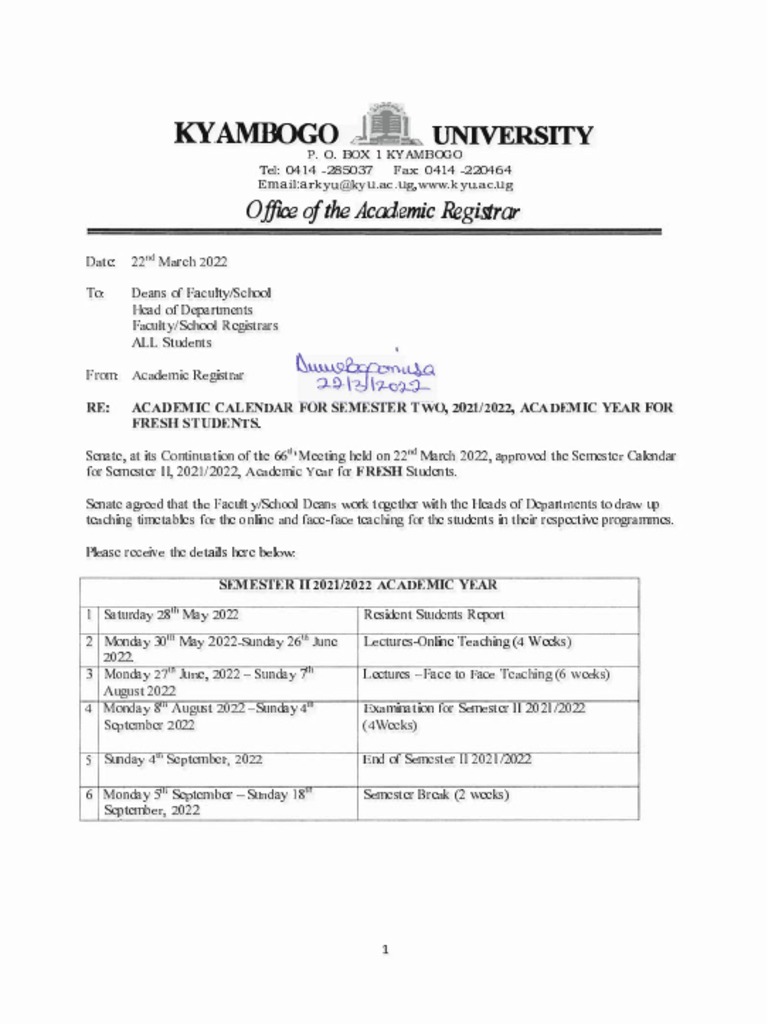 Academic Calendar For Semester Two & Semester One, 2021-2022 | PDF ...
