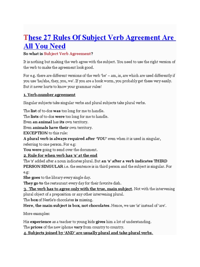 Rules of Subject Verb Agreement Are All You Need | PDF | Grammatical ...