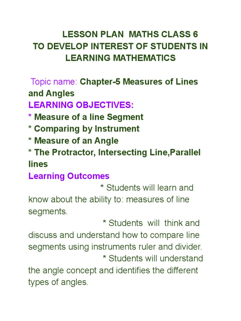 Class 6 Maths: Lines and Angles Plan | PDF | Angle | Lesson Plan