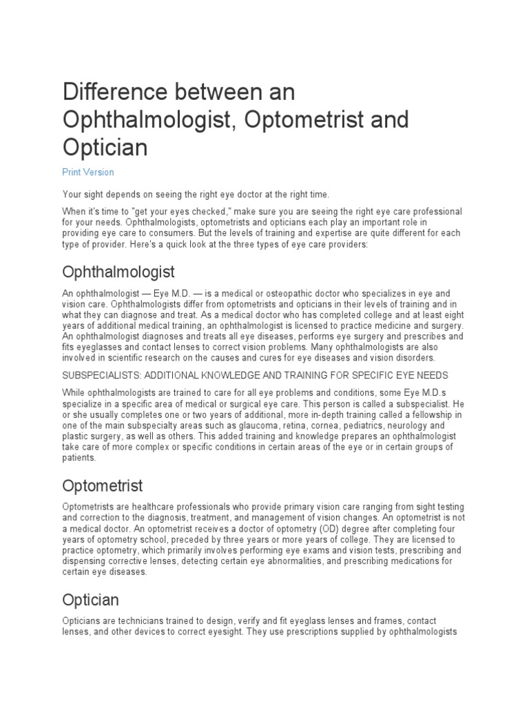 The Distinctions Between Ophthalmologists, Optometrists, and Opticians