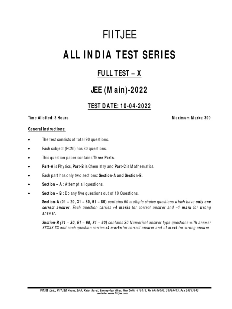 All India Test Series Fiitjee PDF Redox Radioactive Decay